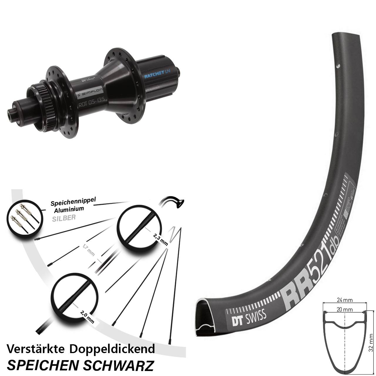 28 Zoll DT Swiss RR 521-370 Hybrid Centerlock Hinterrad für Schnellspanner 8-11 fach