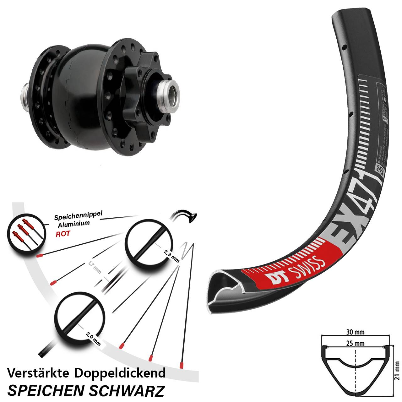 6-Loch Dynamo-Vorderrad 29 Zoll DT Swiss EX471 SON 28 12x100