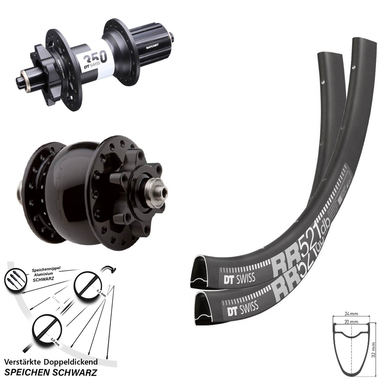 28 Zoll DT Swiss RR521 350 SON Disc Laufrad-Satz für Schnellspanner 8-11 fach HG