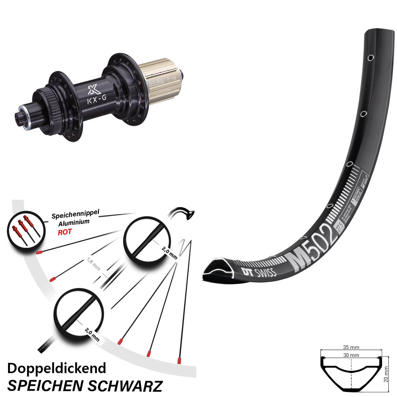 DT Swiss M502 KX-G 29 Zoll Disc Hinterrad für Schnellspanner 8-12 fach HG