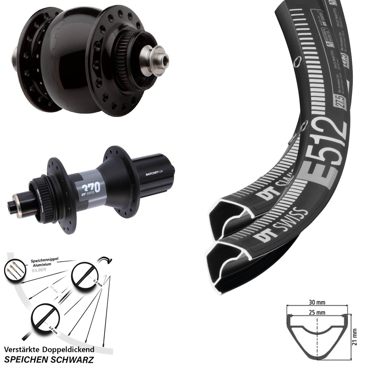 Centerlock Laufradsatz QR 27,5 Zoll DT Swiss E512 DT Swiss 370 SON 28 8-12 fach