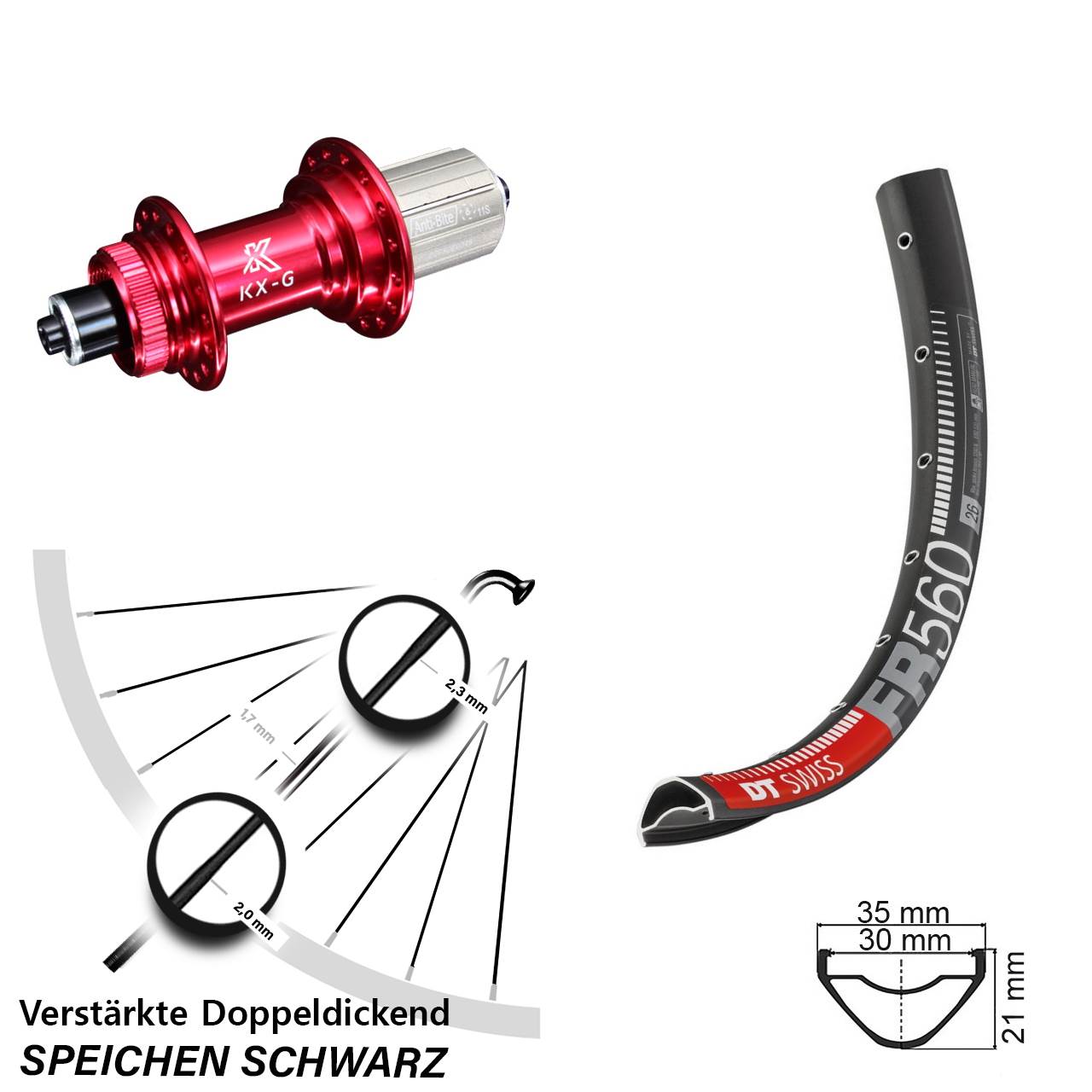 Disc Laufrad QR 26 Zoll DT Swiss FR 560 KX-G rot 8-12 fach