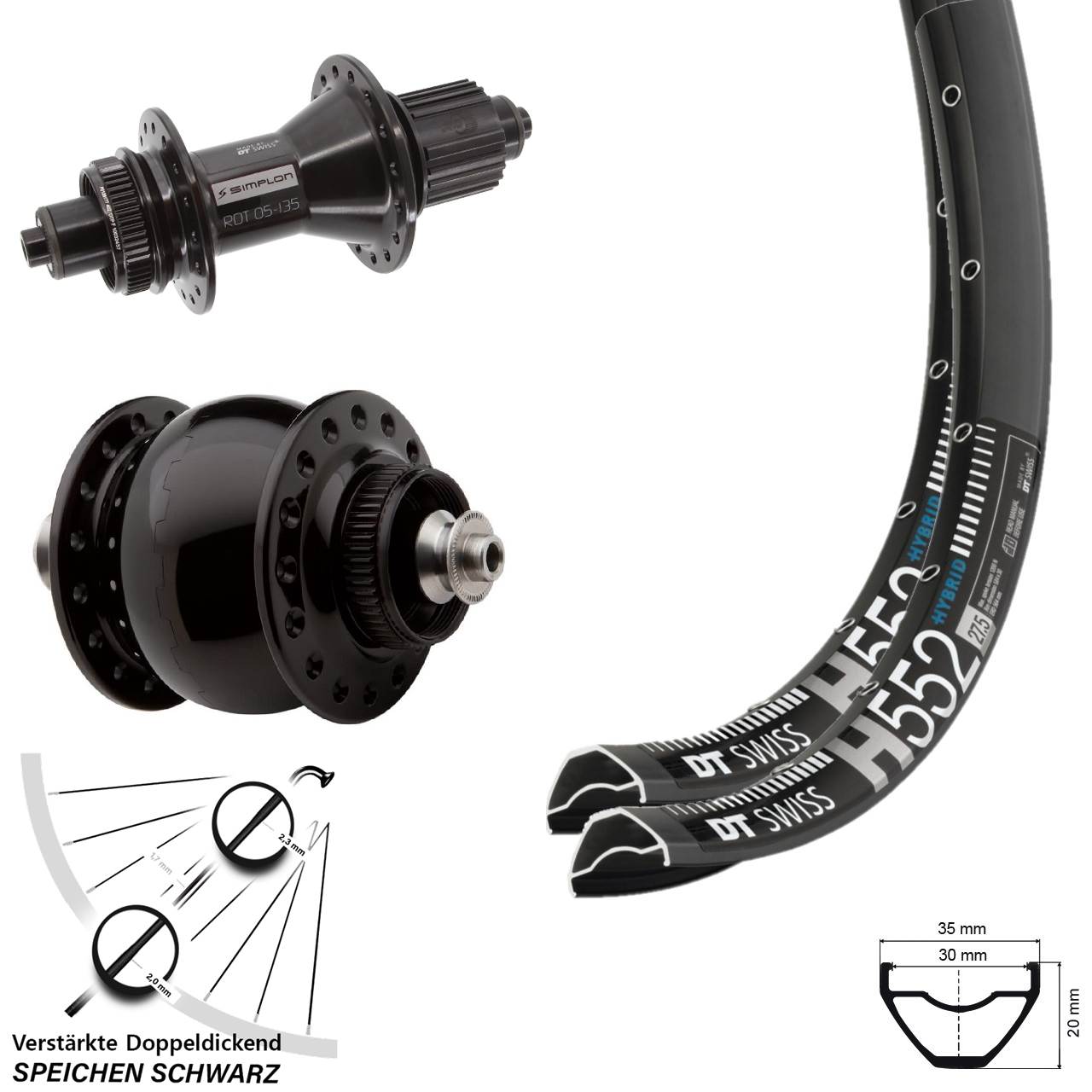 29 Zoll DT Swiss H552-370 Hybrid SON 28 Disc Laufradsatz QR Shimano Micro Spline