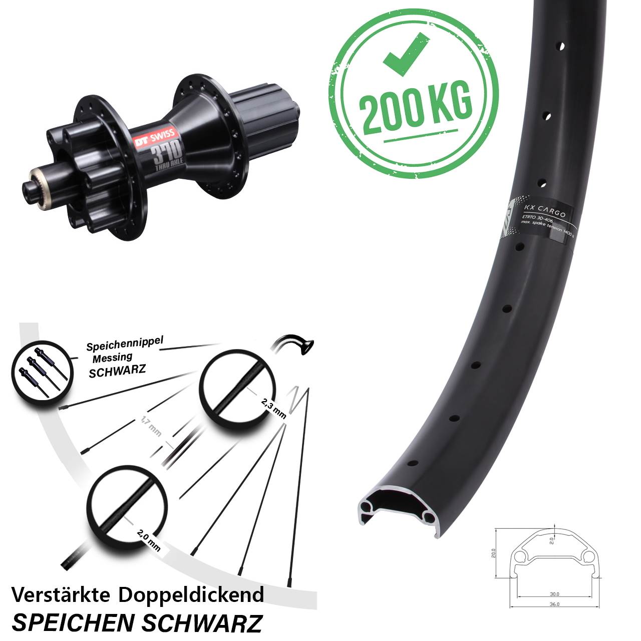 20 Zoll KX Cargo DT Swiss 370 Hybrid 6-Loch Hinterrad QR 8-11 fach