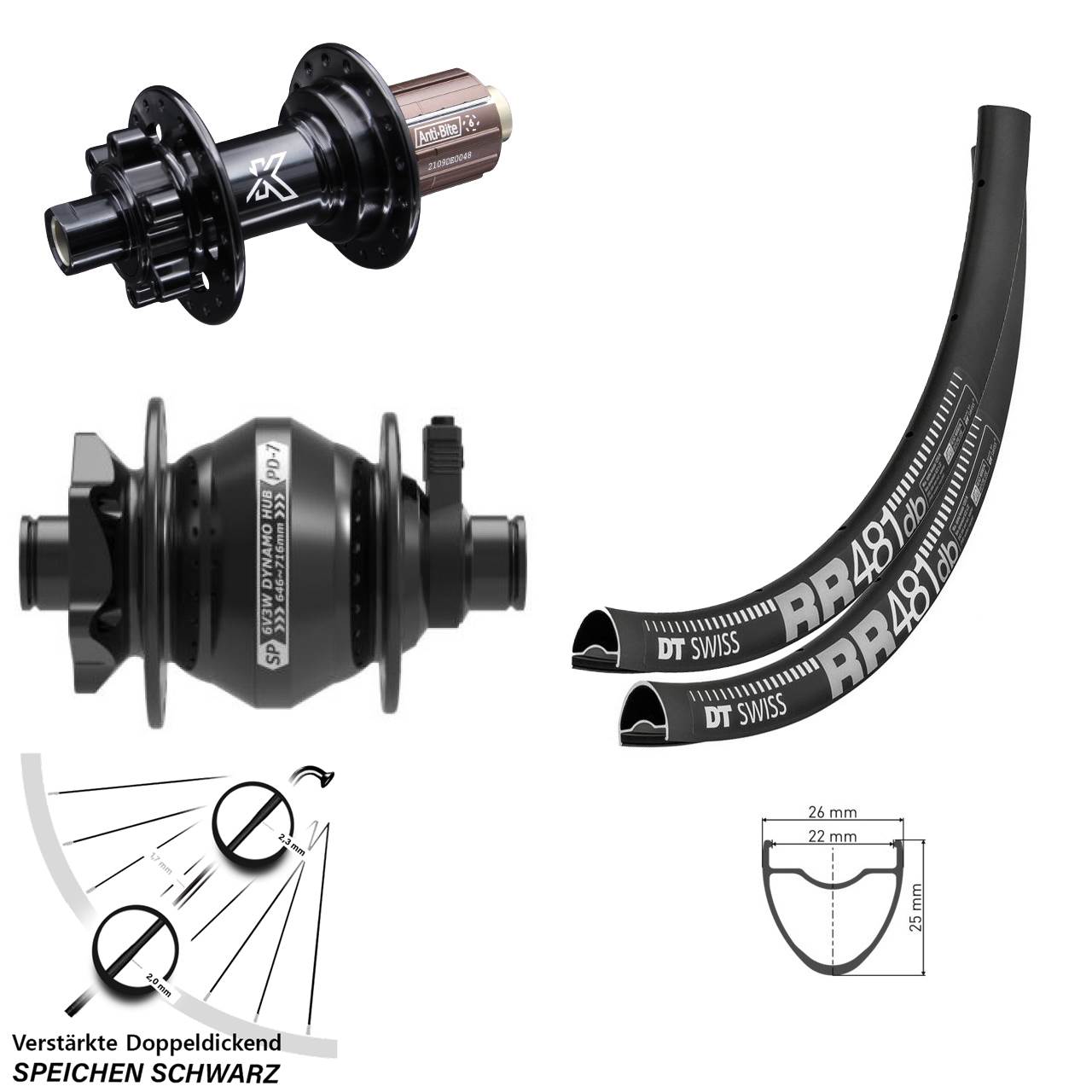 28 Zoll DT Swiss RR481 KX-M Shimano SP PD-7 Disc Laufradsatz 12x100/142 8-12 fach