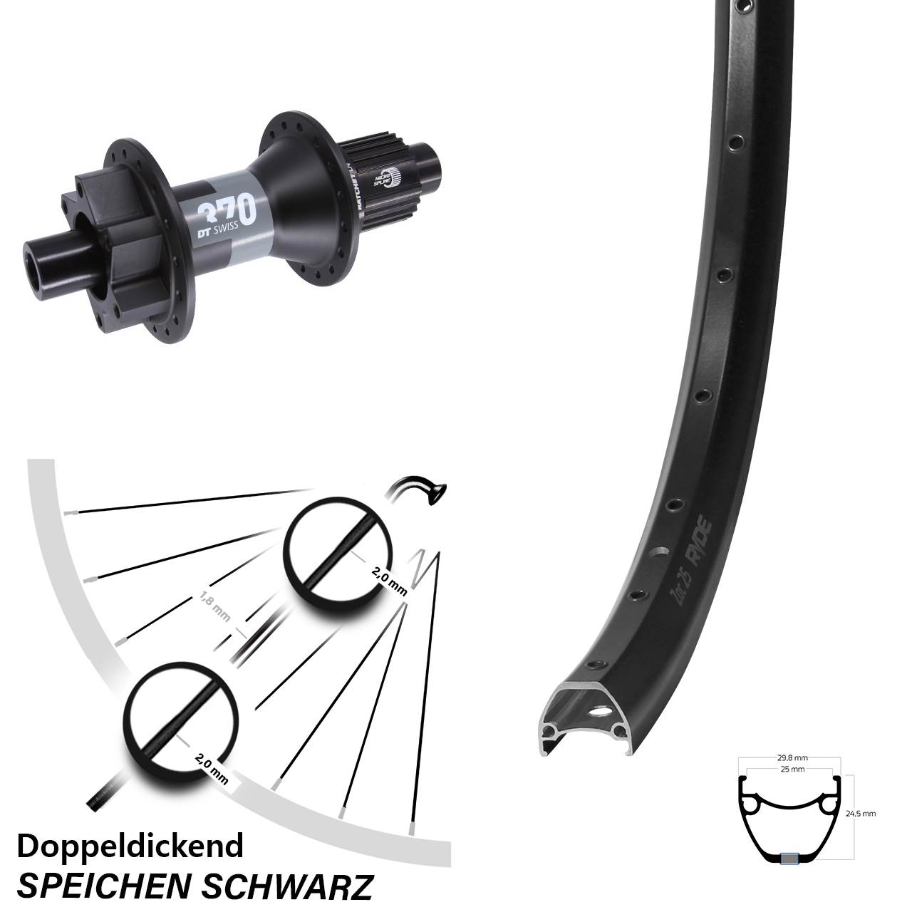 6-Loch Hinterrad 12x148 29 Zoll Ryde ZAC 25 DT Swiss 370 Shimano Micro Spline
