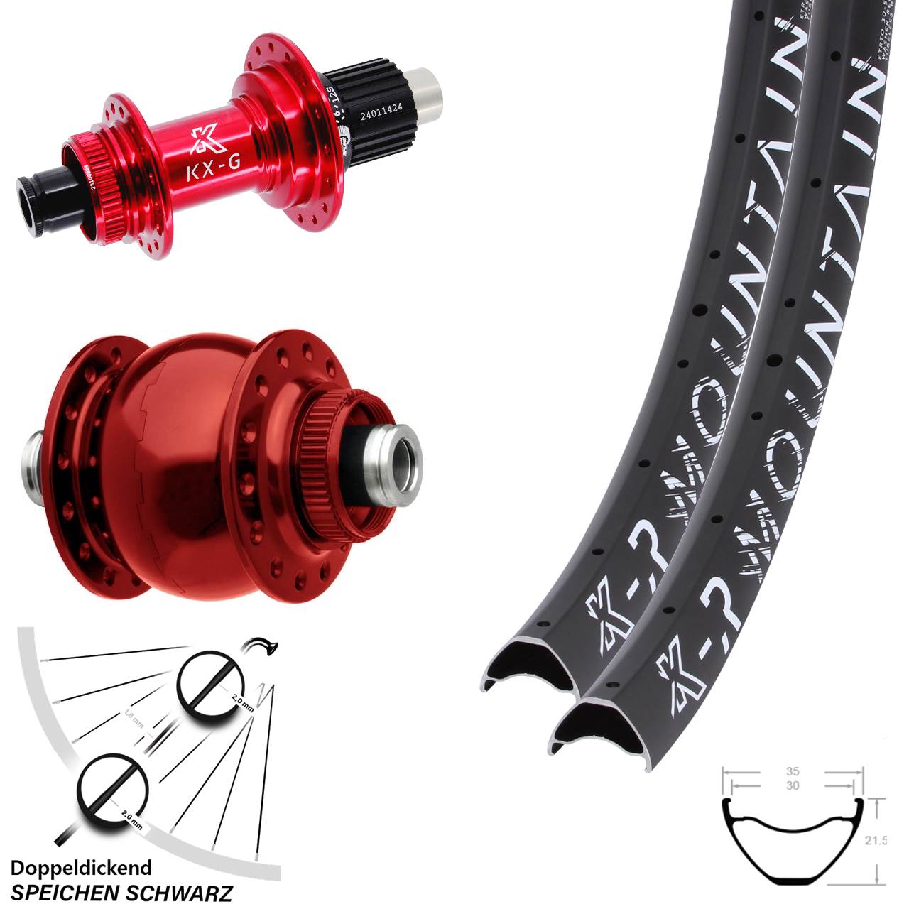 Laufradsatz Centerlock 29 Zoll KX-GR Mountain rot SON 28 Shimano Micro Spline 12x100/142