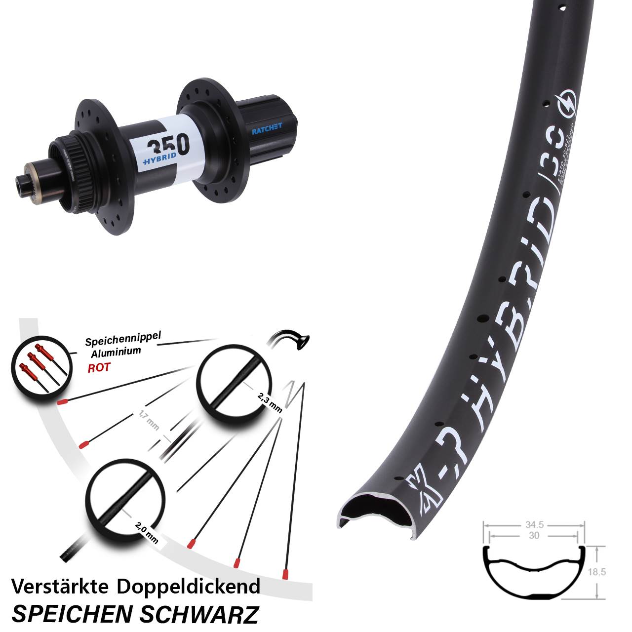 KX-R Hybrid 30 DT Swiss 350 29 Zoll Hinterrad für Schnellsp. 8-11 fach