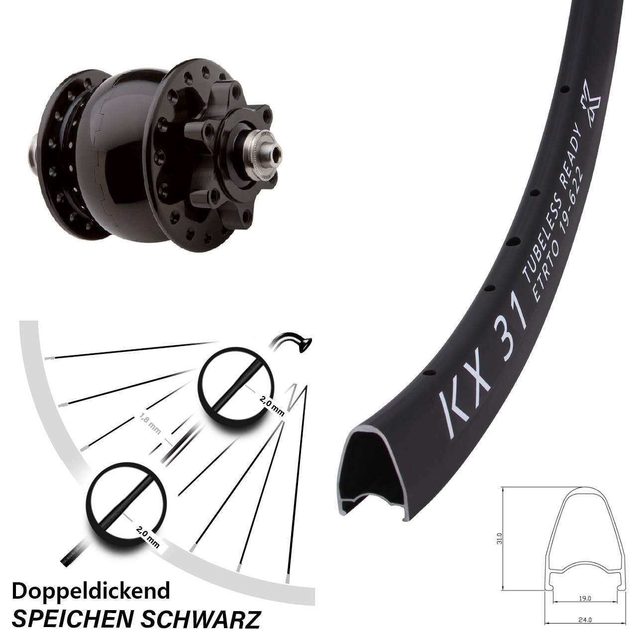 6-Loch Vorderrad mit Nabendynamo für Schnellspanner 28 Zoll KX31 SON 28