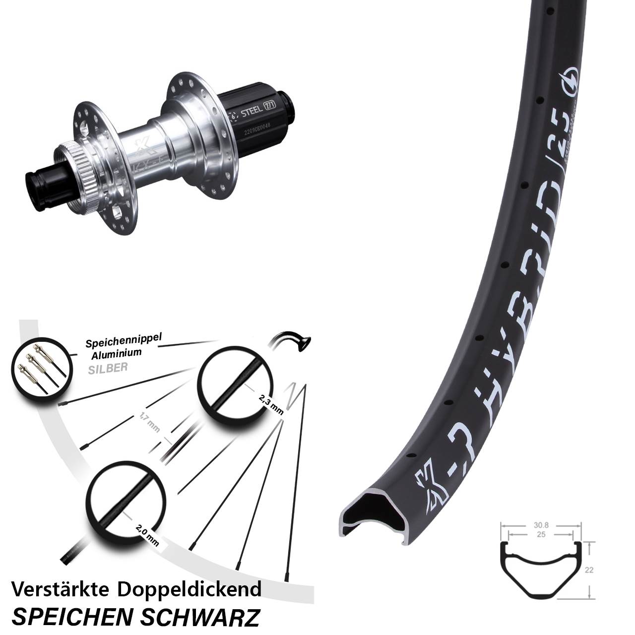 Hinterrad Centerlock 12x142 28-29 Zoll KX-R Hybrid 25 Stahlachse 8-12 fach
