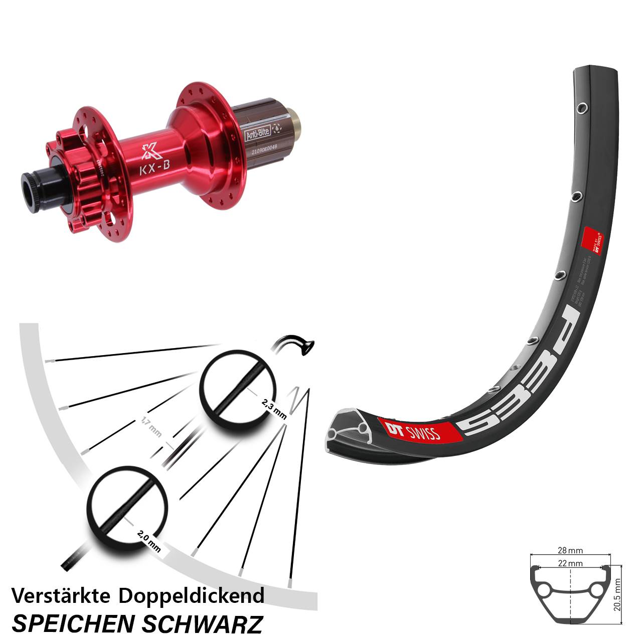 650B DT Swiss 533d KX-B rot 6-Loch Hinterrad 12x148 8-12 fach HG