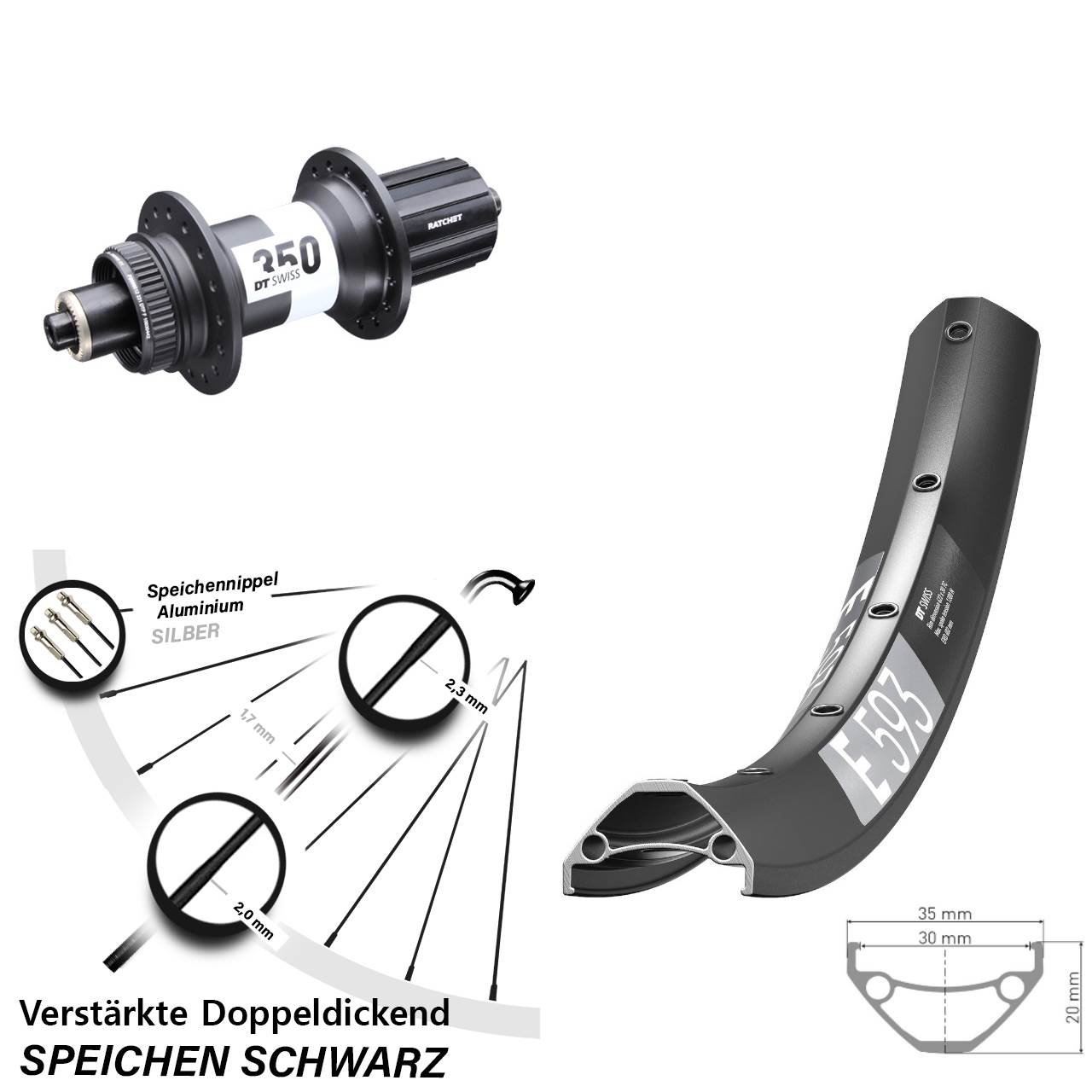 29 Zoll DT Swiss E 593-350 Ratchet 36 Disc Hinterrad QR Boost 8-11 fach HG
