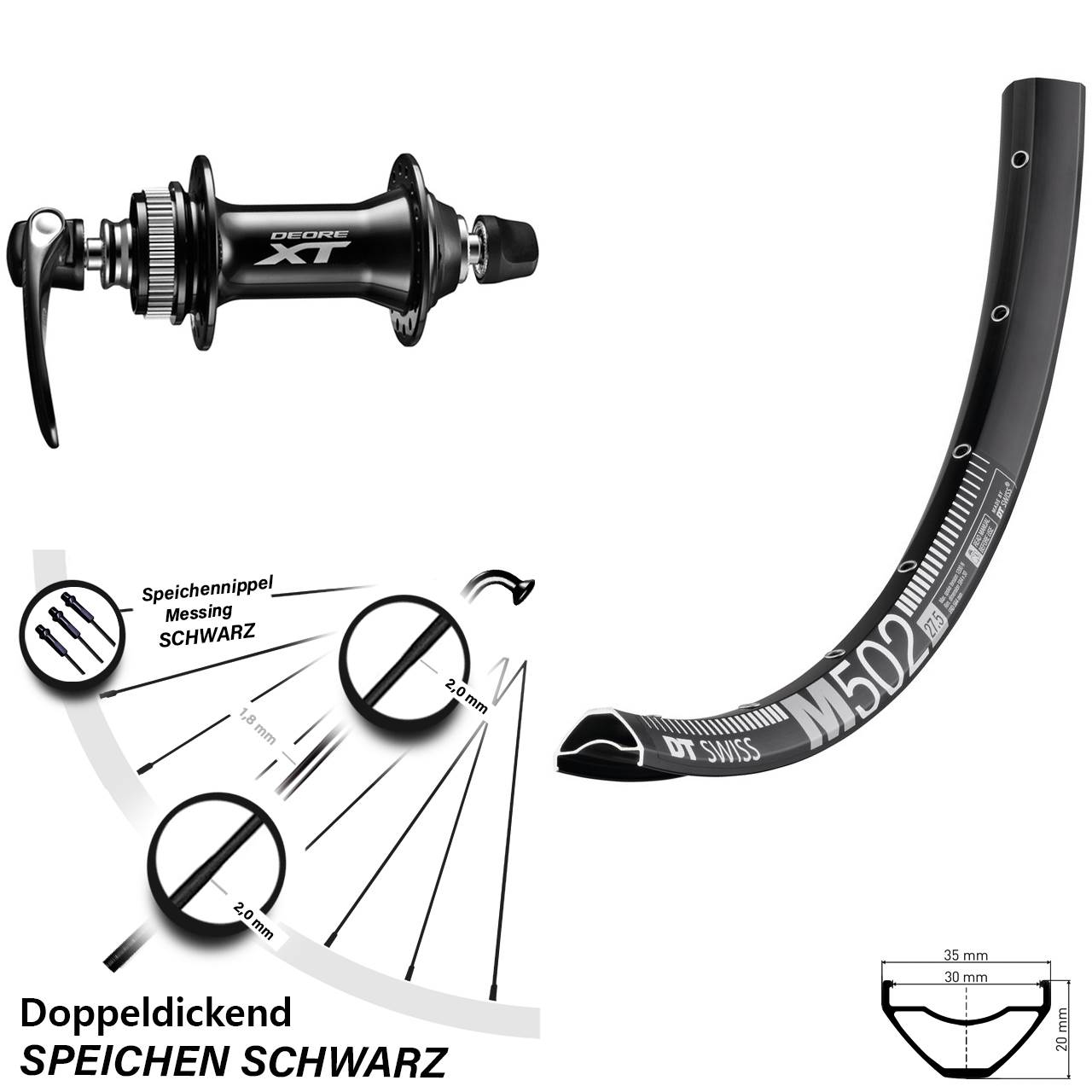 27,5 Zoll vorderes Laufrad Shimano XT mit DT Swiss M 502 Felge
