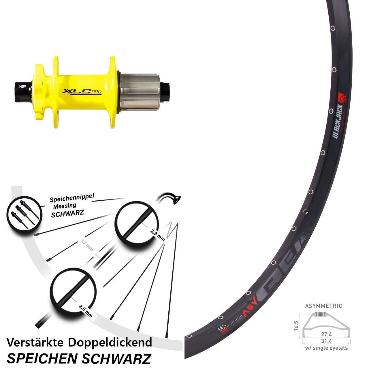 29 Zoll Rodi Ready 27 XLC gelb Hinterrad 6-Loch 12x142 8-11 fach HG