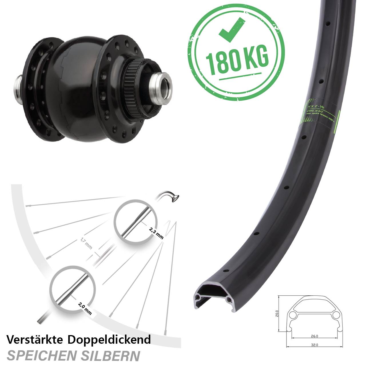 20 Zoll KX Evo SON 28 Centerlock Vorderrad mit Nabendynamo 12x100