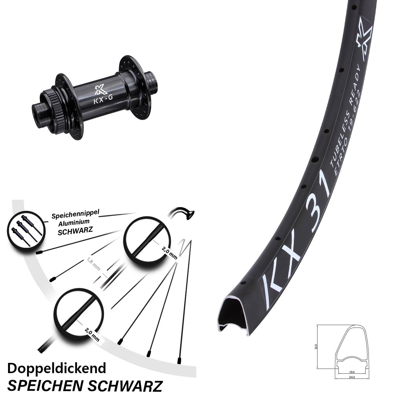 Vorderrad 28 Zoll KX 31 12x100 Centerlock schwarz