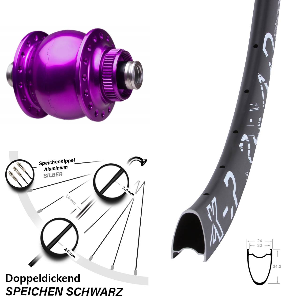 Laufrad 28 Zoll KX-R Road SON 28-12x100 Centerlock violett
