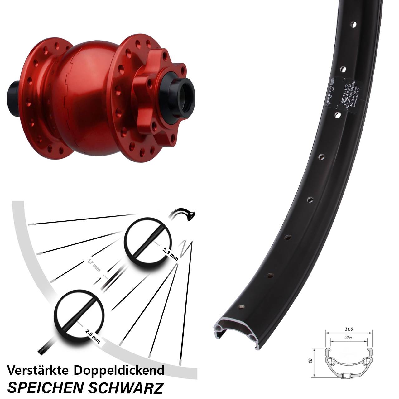 SON 28 rot Mach1 Kargo 20 Zoll 6-Loch Nabendynamo-Vorderrad 15x110 Boost