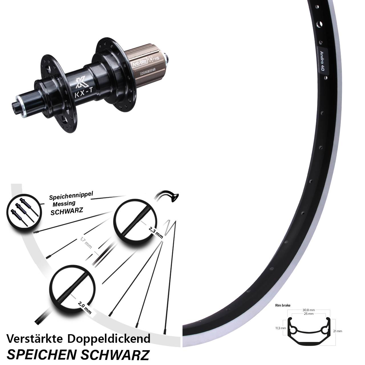 28 Zoll Hinterrad Ryde Andra 40 Felgenbremse verstärkt KX-T 8-11 fach 5x135 mm