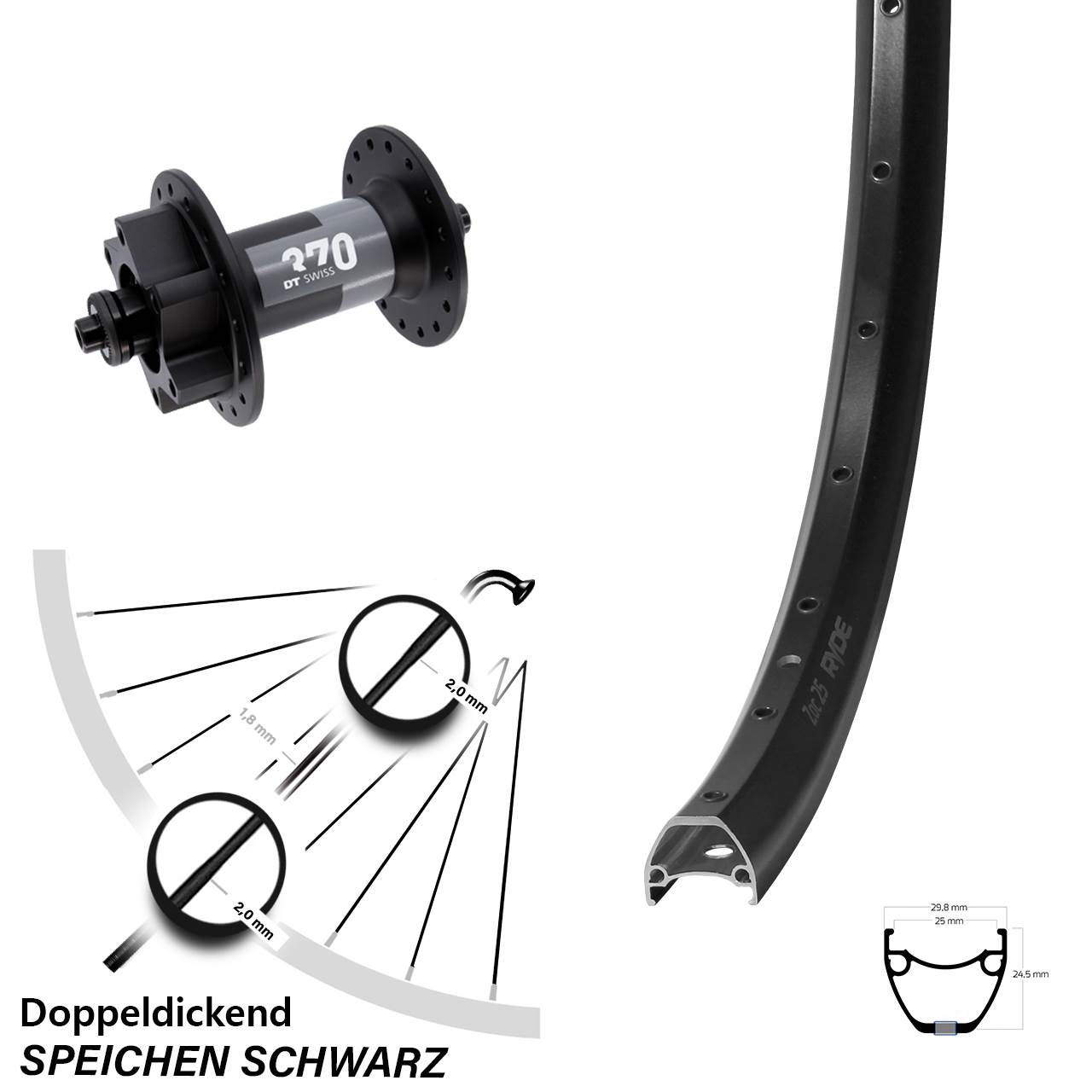 Vorderrad 28-29 Zoll Ryde ZAC 25 DT Swiss 370 5x100 6-Loch