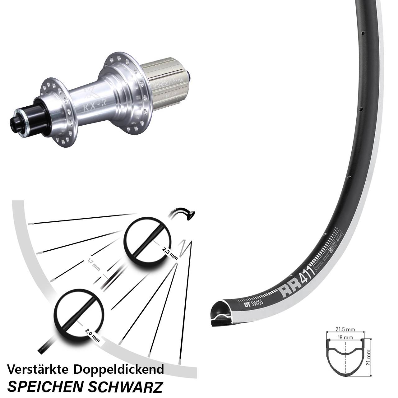 Hinterrad für Schnellspanner 28 Zoll DT Swiss RR 411 KX-R 8-12 fach HG