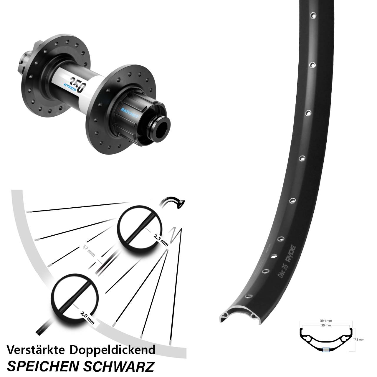 29 Zoll Hinterrad Singlespeed Ryde Disc 35 DT Swiss 350 Hybrid 6-Loch 12x148