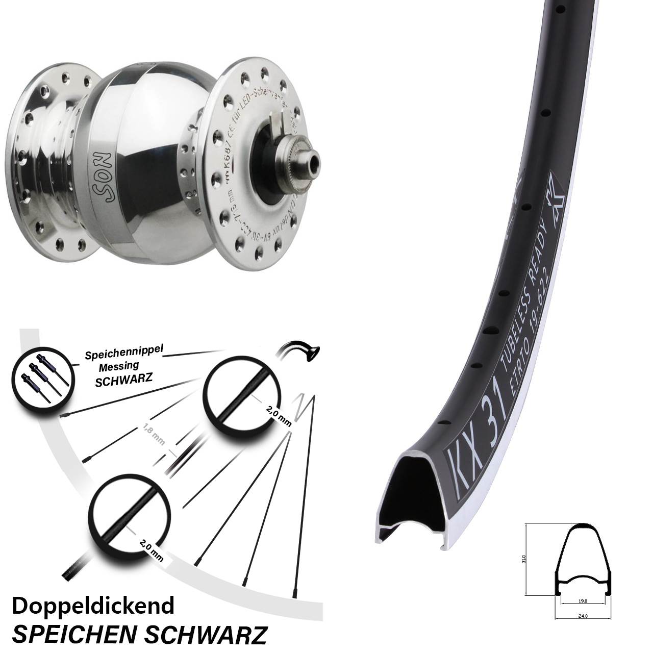 Nabendynamo-Vorderrad 28 Zoll KX 31 SONdelux wide body QR