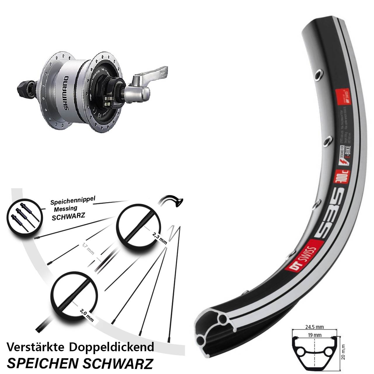 DT Swiss 535 Shimano DH-3D72 Nabendynamo Vorderrad 28 Zoll