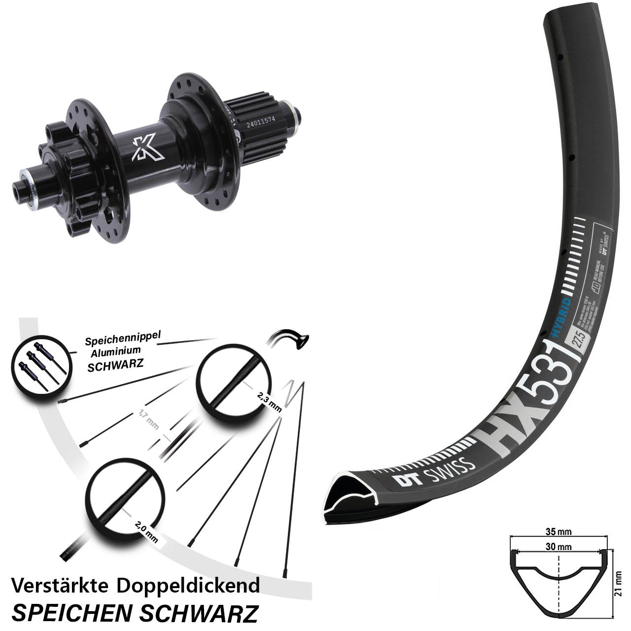 29 Zoll DT Swiss HX531 KX-M 6-Loch Hinterrad für Schnellspanner Micro Spline