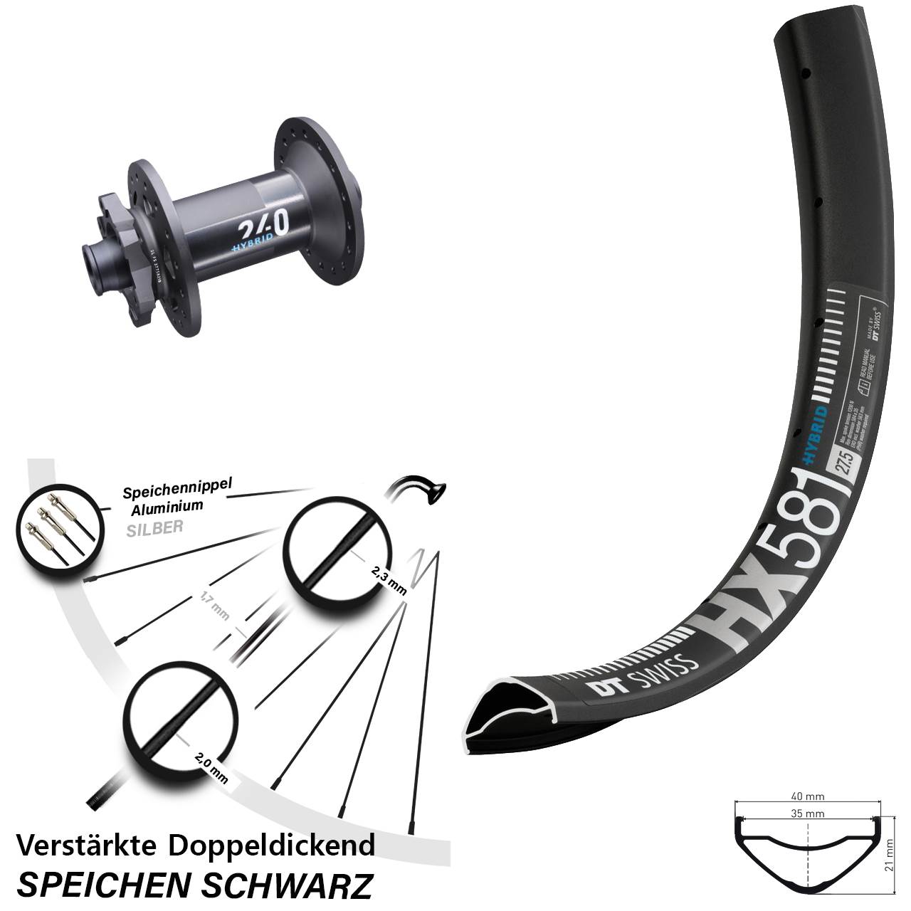 E-Bike Vorderrad 27,5 Zoll HX 581 DT Swiss 240 Hybrid Boost 15x110 mm 6-loch verstärkt