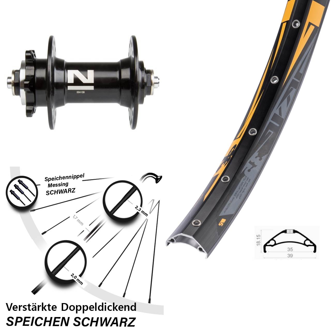 27,5 Zoll Rodi TRYP 35 schwarz Novatec D041 Disc Vorderrad für Schnellspanner