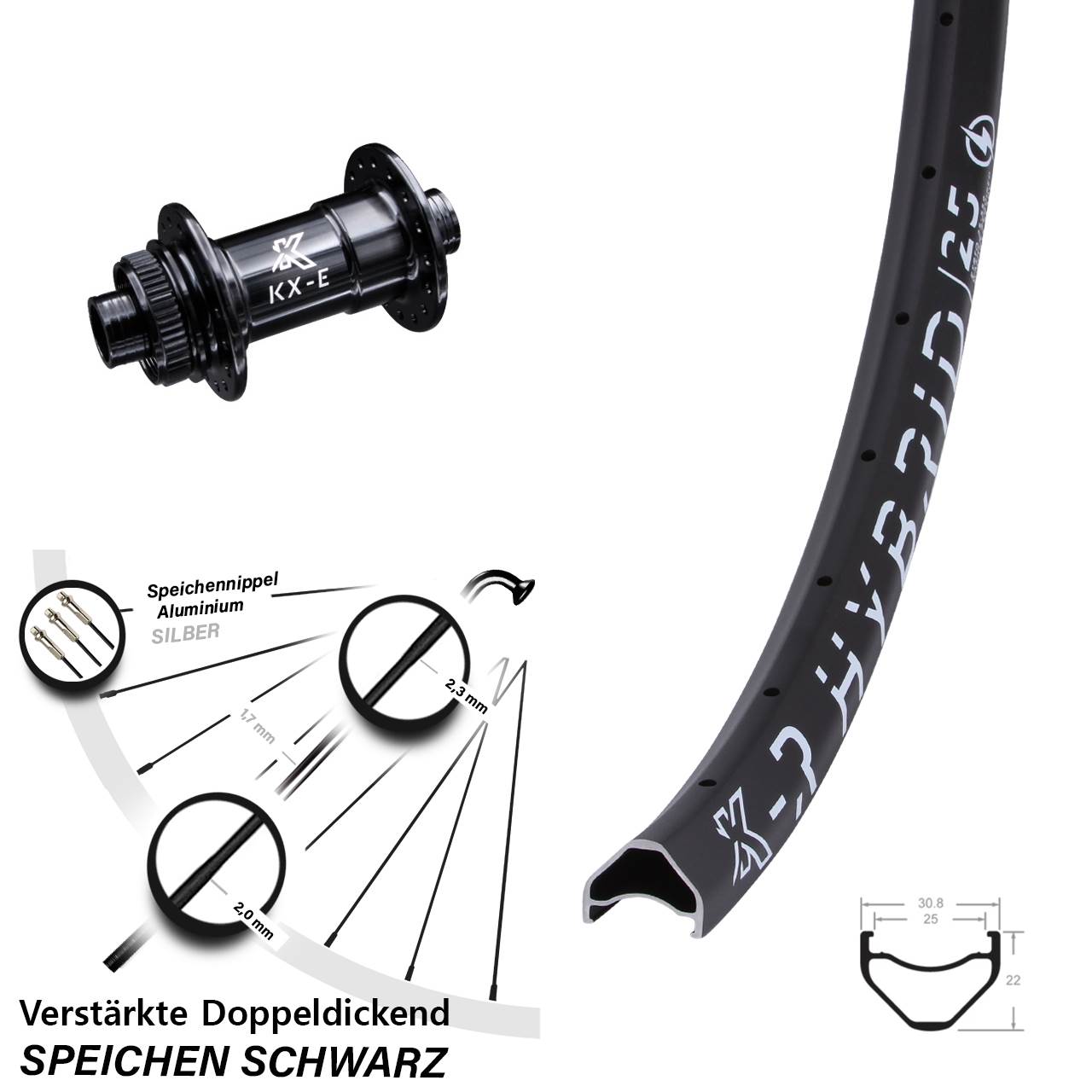 Vorderrad E-Bike 29 Zoll KX-ER Hybrid 25 schwarz Centerlock Steckachse 15x100 mm verstärkt