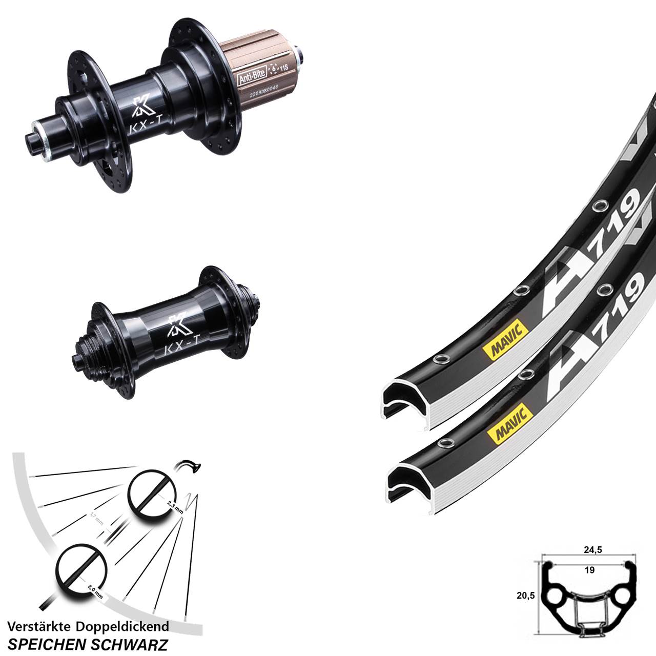 Laufradsatz für Schnellspanner 28 Zoll Mavic A 719 KX-T 8-12 fach