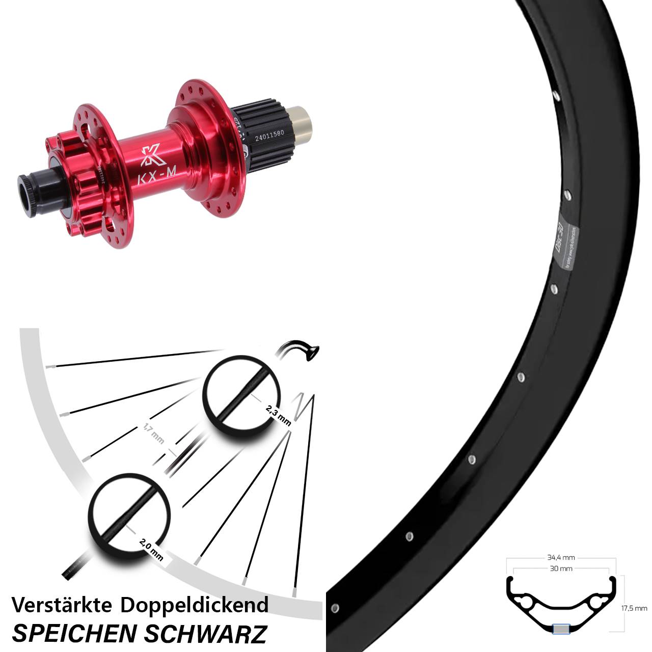 Hinterrad 27,5 Zoll Ryde Disc 30 KX-M rot Shimano Micro Spline 12x142