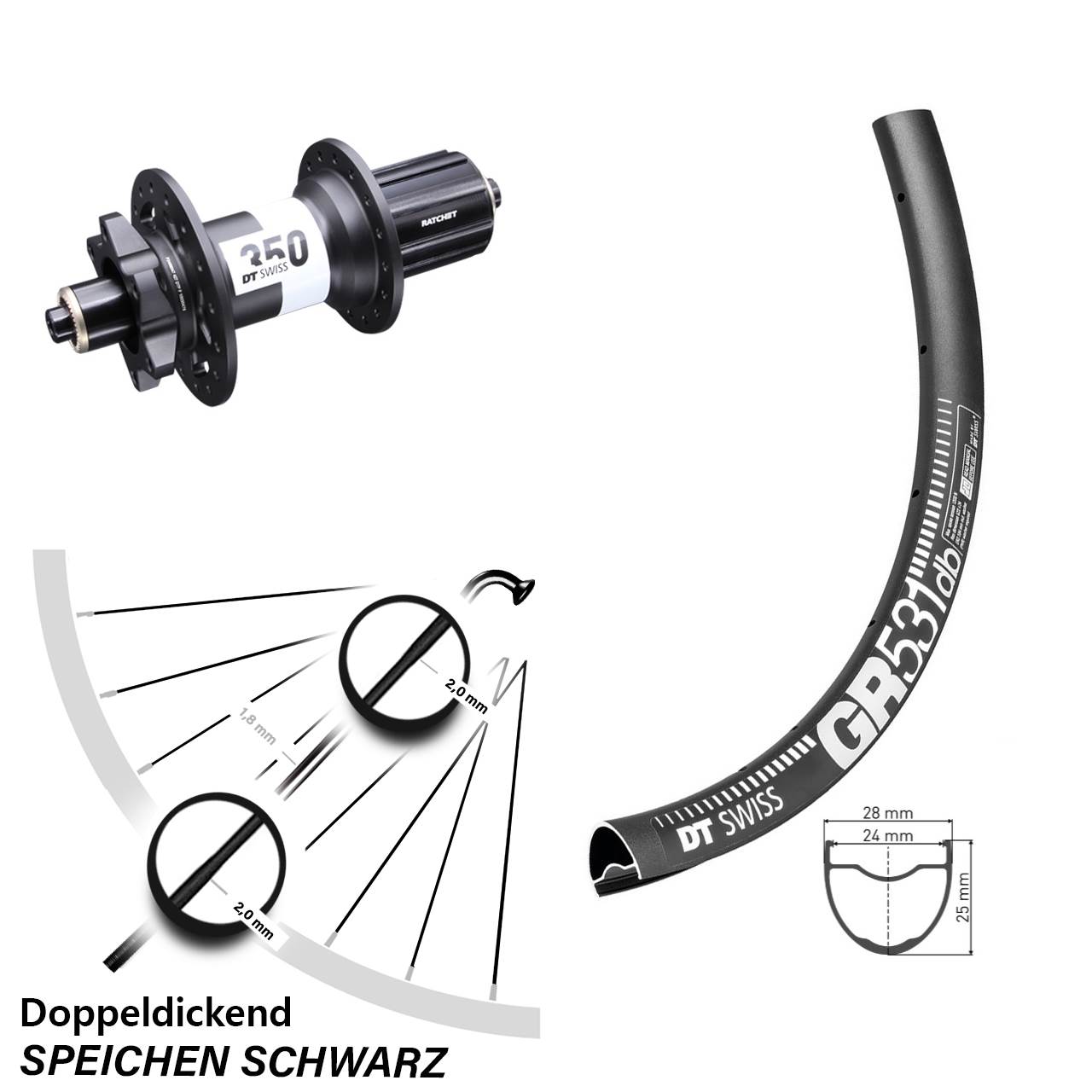 27,5 Zoll DT Swiss GR531-350 Disc Laufrad QR 8-11 fach