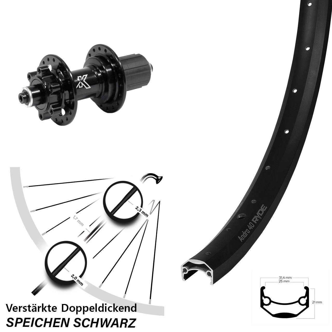 Ryde Andra 40 KX-M Heavy Duty 27,5 Zoll Disc Laufrad für Schnellspanner 8-12 fach HG