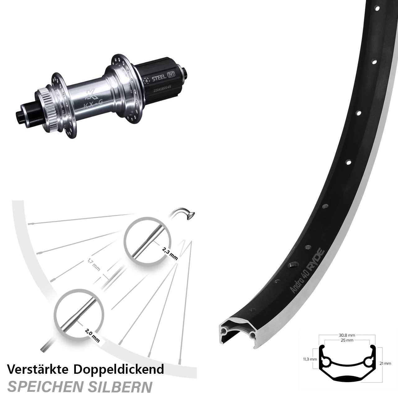 28 Zoll Ryde Andra 40 KX-GS Heavy Duty Hinterrad Schnellspanner 8-12 fach