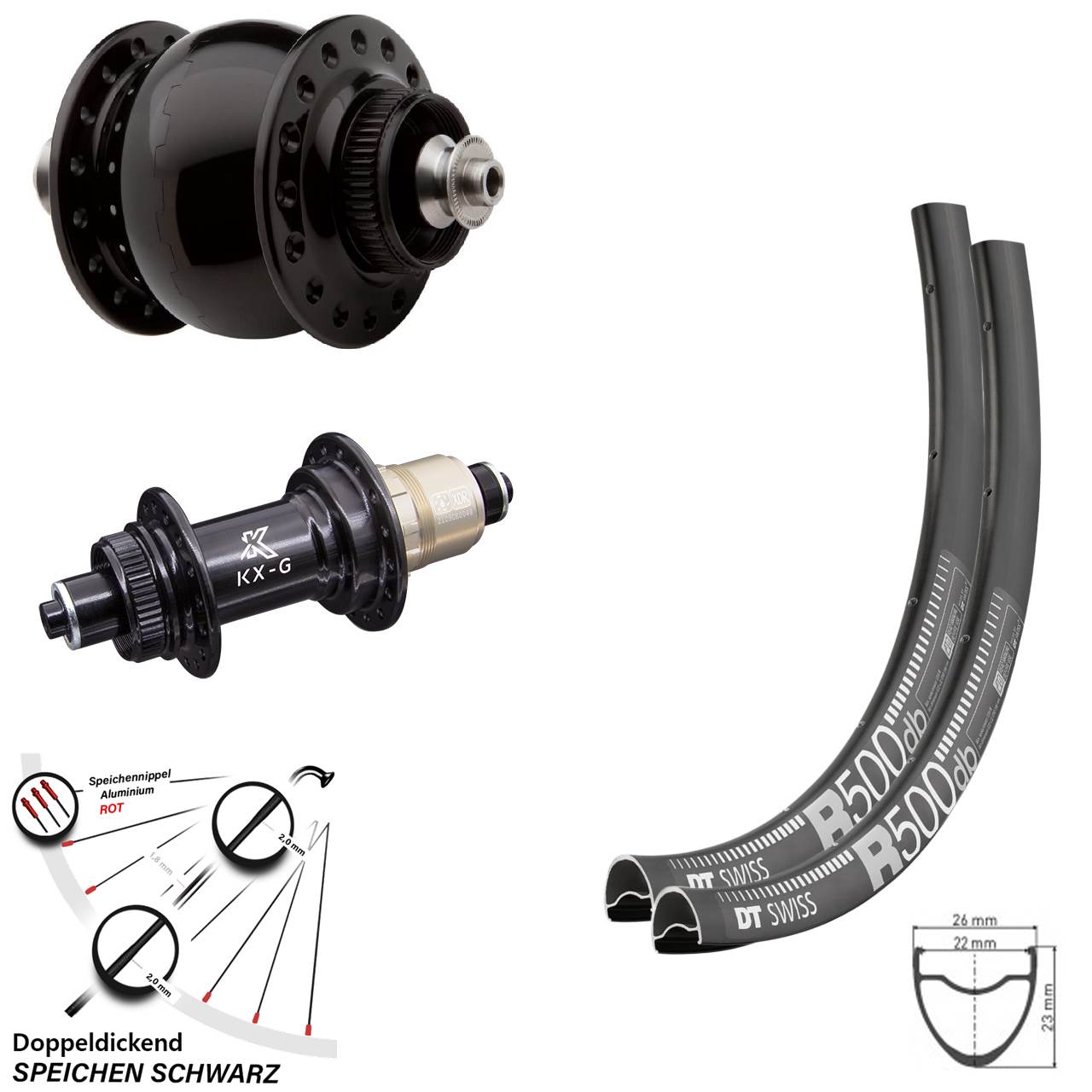 Laufradsatz 28 Zoll KX-G Nabe Sram XDR 12-fach SON Dynamo DT Swiss R 500