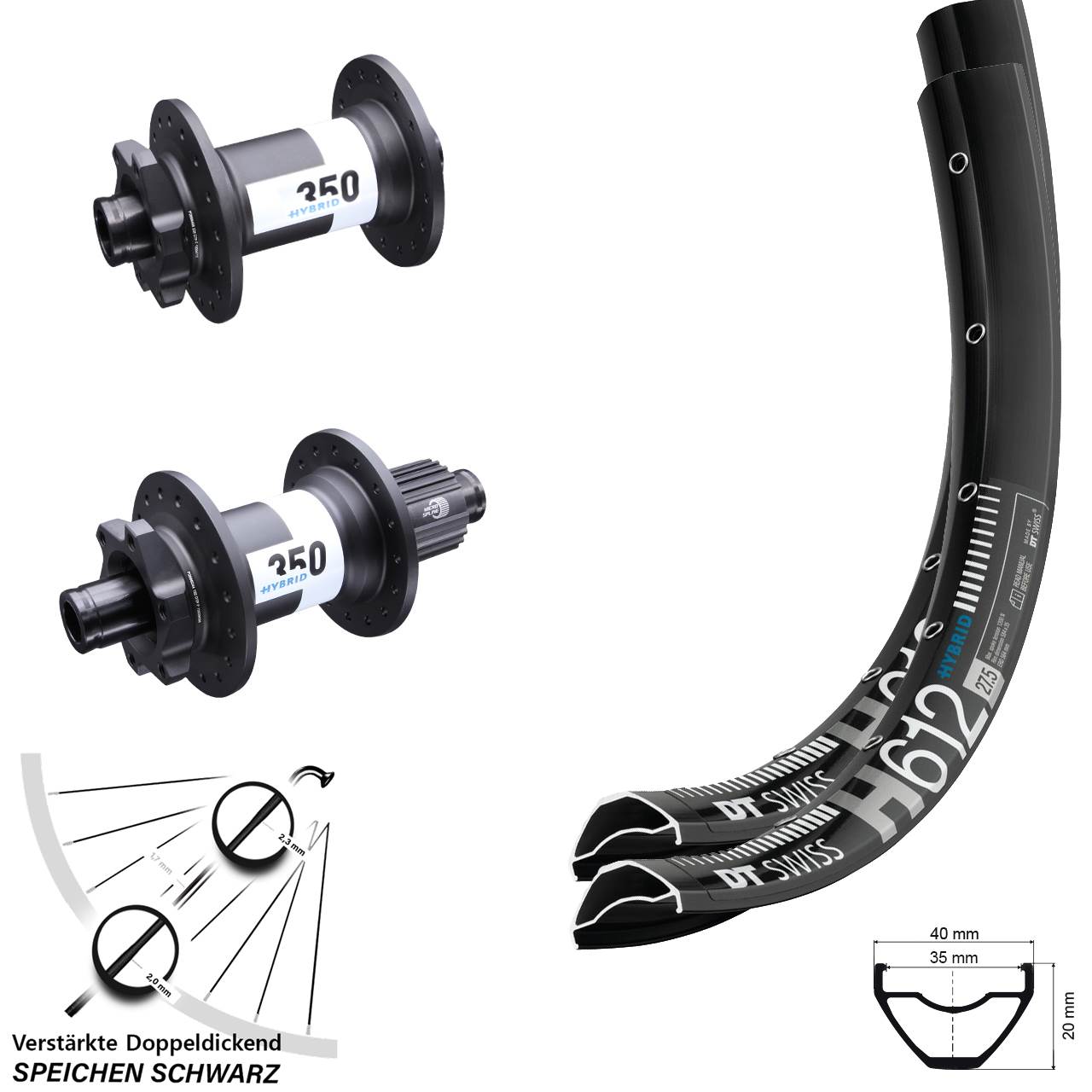 DT Swiss H612-350 Hybrid 27,5 Zoll 6-Loch Laufradsatz 15x110 12x148 Micro Spline
