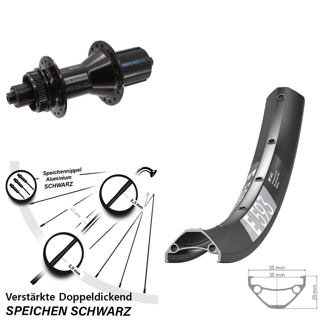 27,5 Zoll DT Swiss E 593-370 Hybrid Disc Laufrad QR 8-11 fach HG