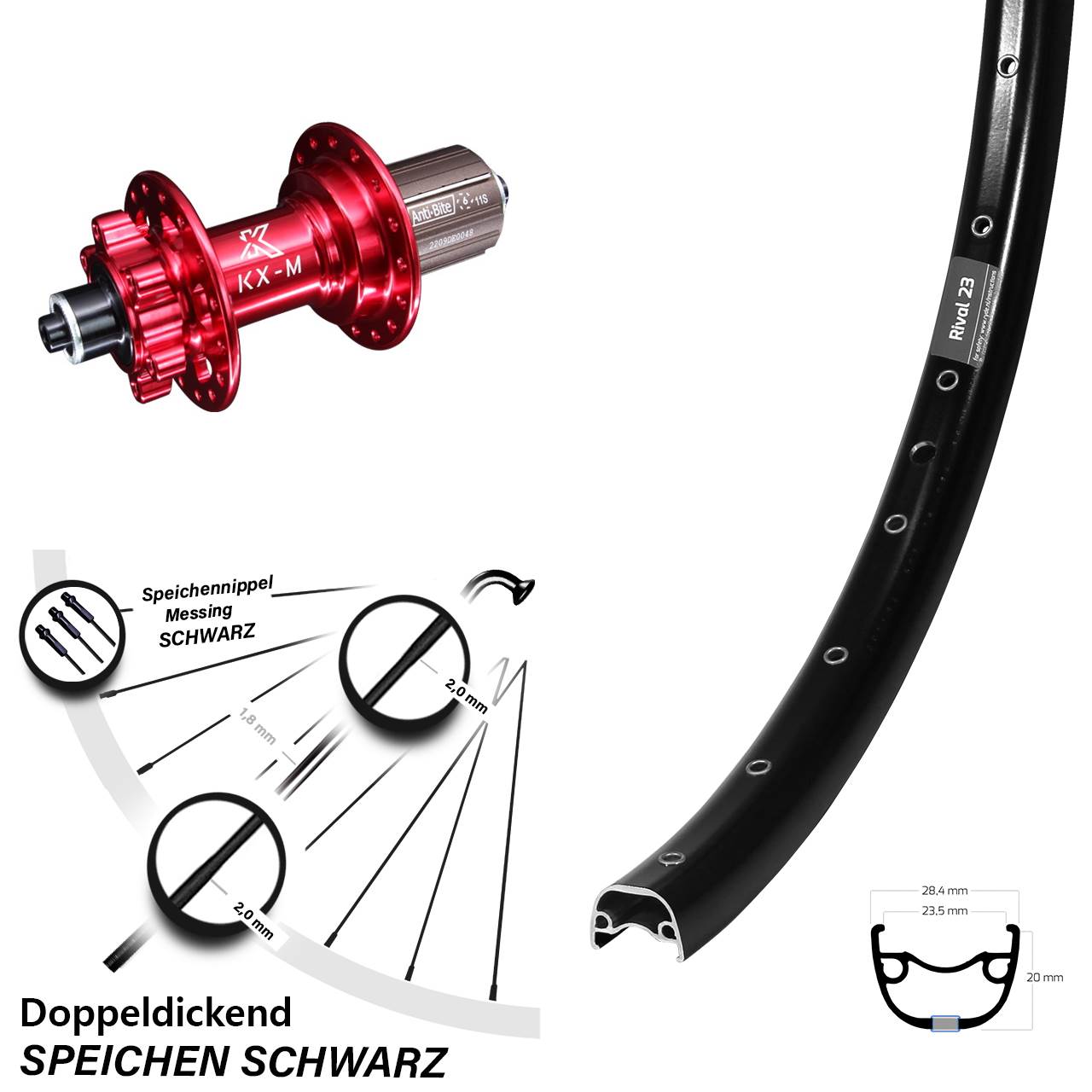 27,5 Zoll Ryde Rival 23 KX-M rot 6-Loch Hinterrad für Schnellspanner 8-12 fach HG
