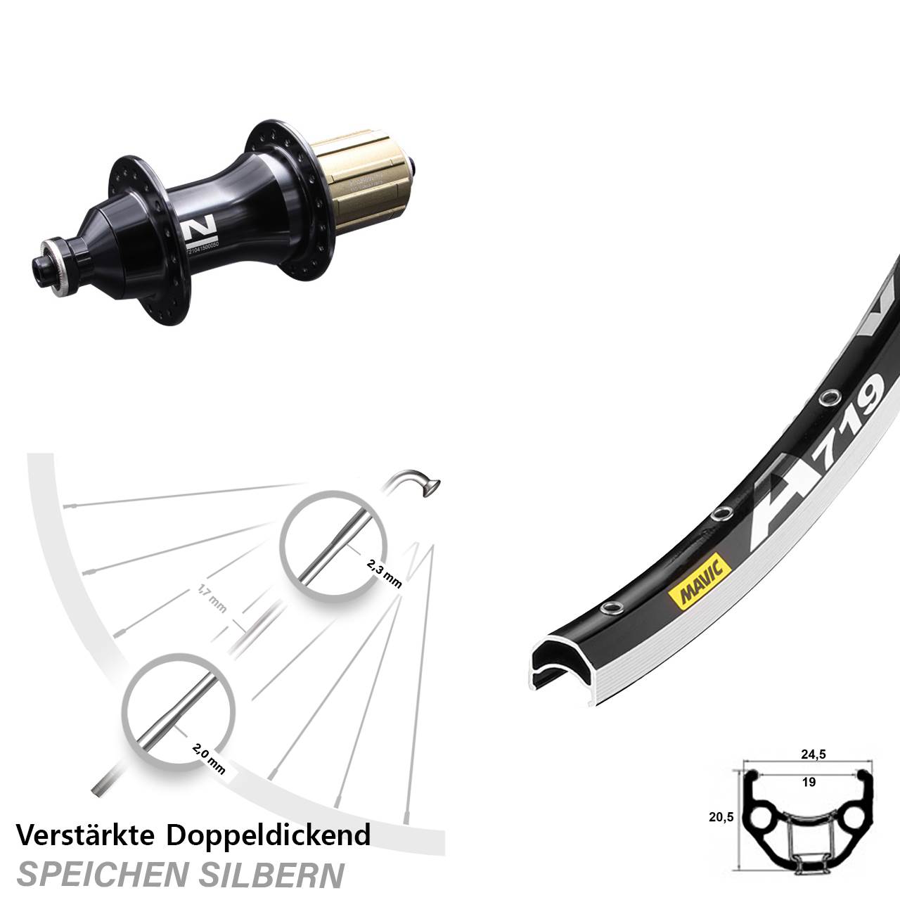 28 Zoll Mavic A719 Novatec F-162SB Hinterrad QR 8-12 fach HG