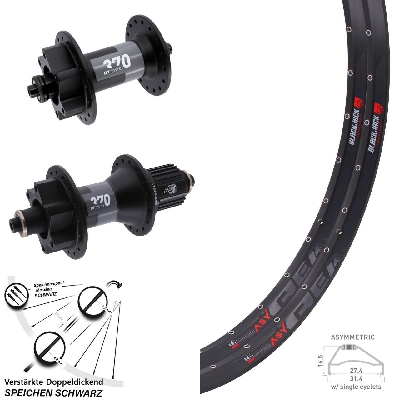 Laufradsatz für Schnellspanner 27,5 Zoll Rodi Ready27 DT Swiss 370-370 Hybrid Micro Spline