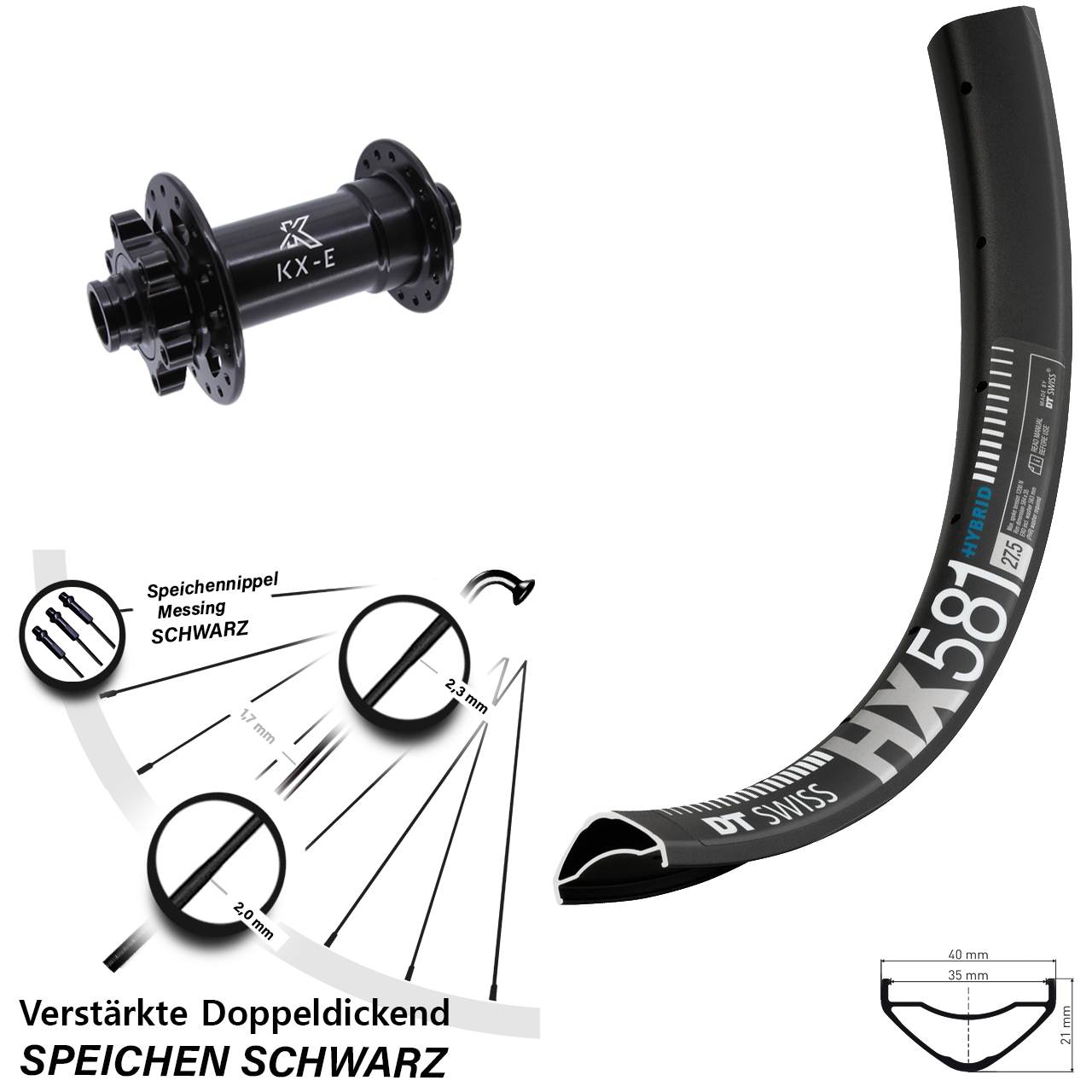 Vorderrad 6-Loch 27,5 Zoll DT Swiss HX581 KX-E Heavy Duty 15x110 Boost