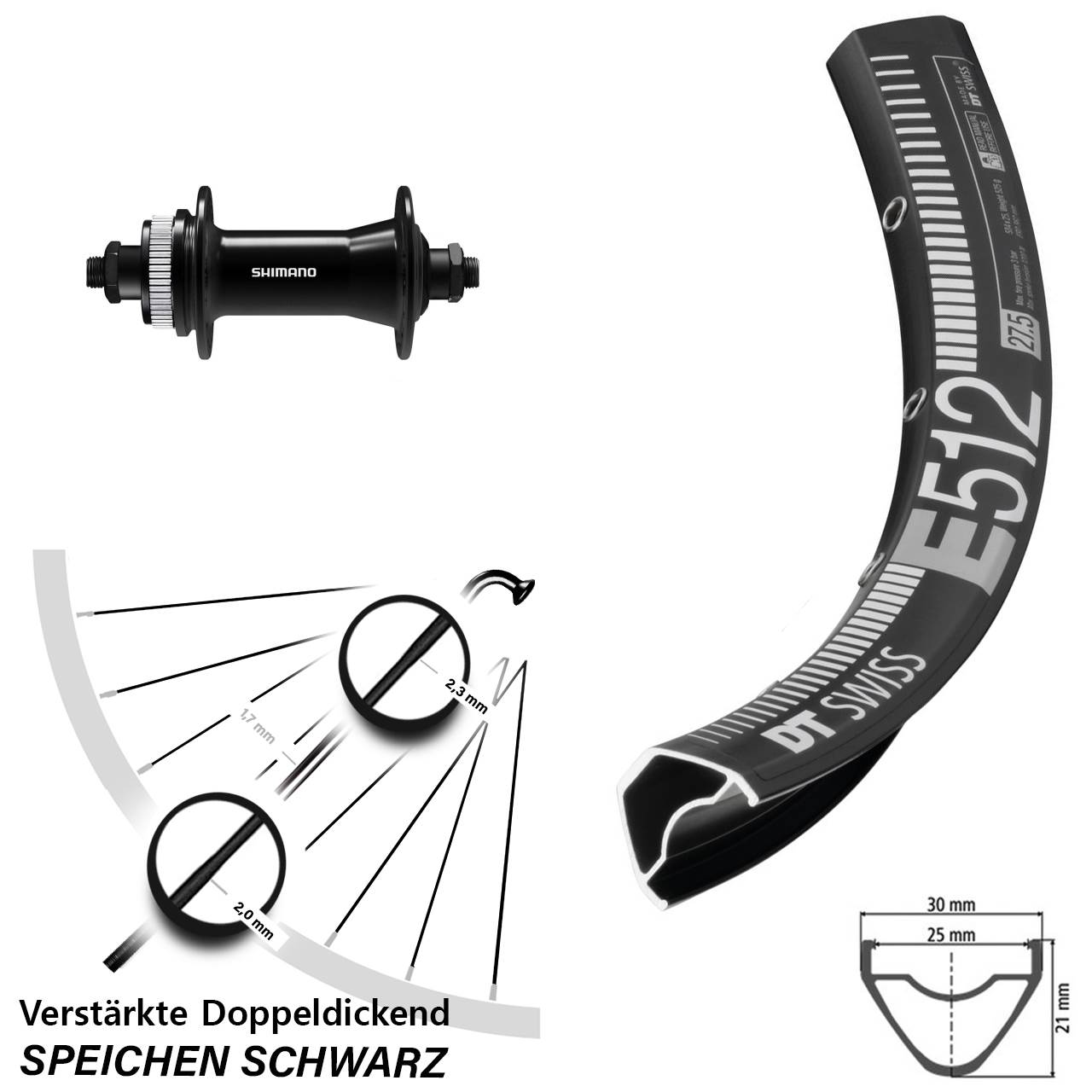 DT Swiss E 512 Shimano HB-QC400 650B Vorderrad Centerlock für Schnellspanner