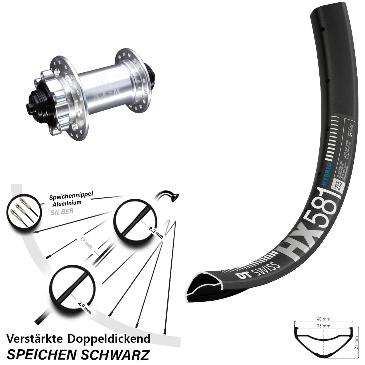 Vorderrad 6-Loch QR 27,5 Zoll DT Swiss HX 581 KX-M