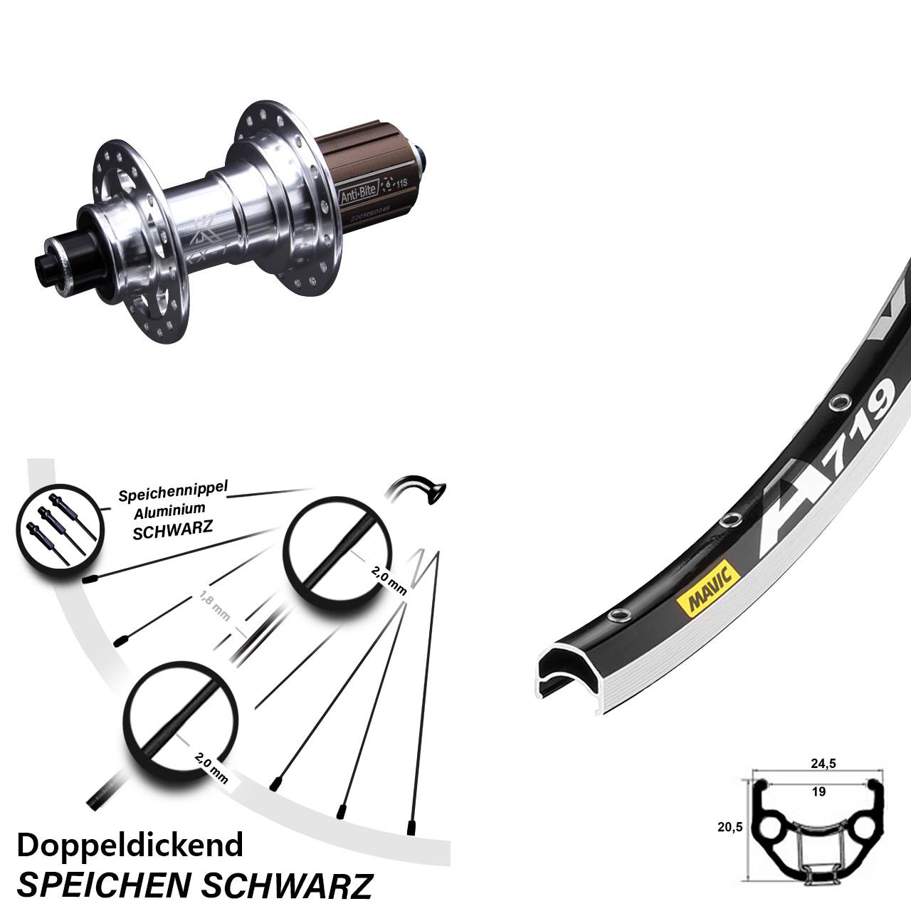 Laufrad hinten 28 Zoll Mavic A 719 KX-T 8-12 fach QR