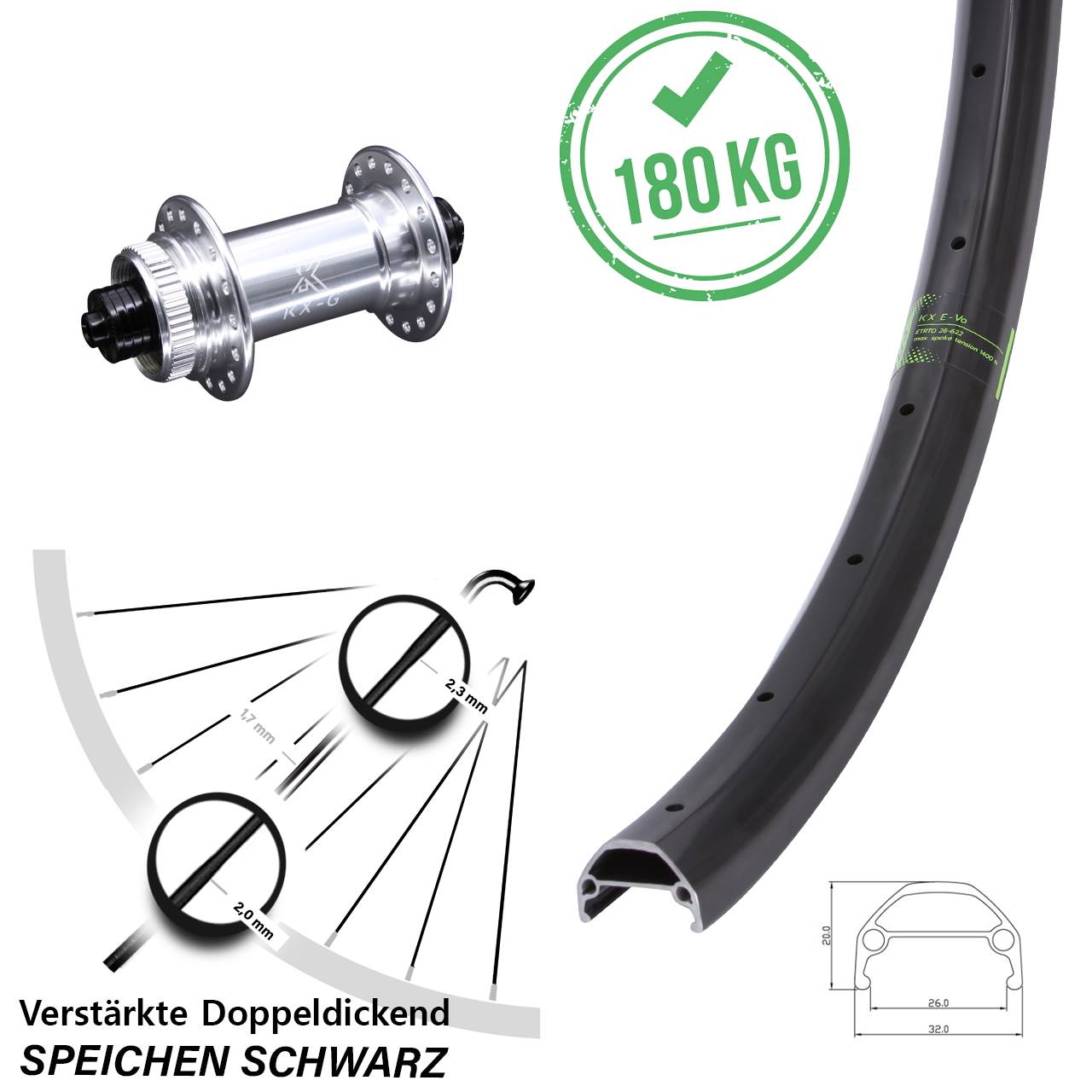 KX Evo verstärkt 26 Zoll Vorderrad Centerlock für Schnellspanner