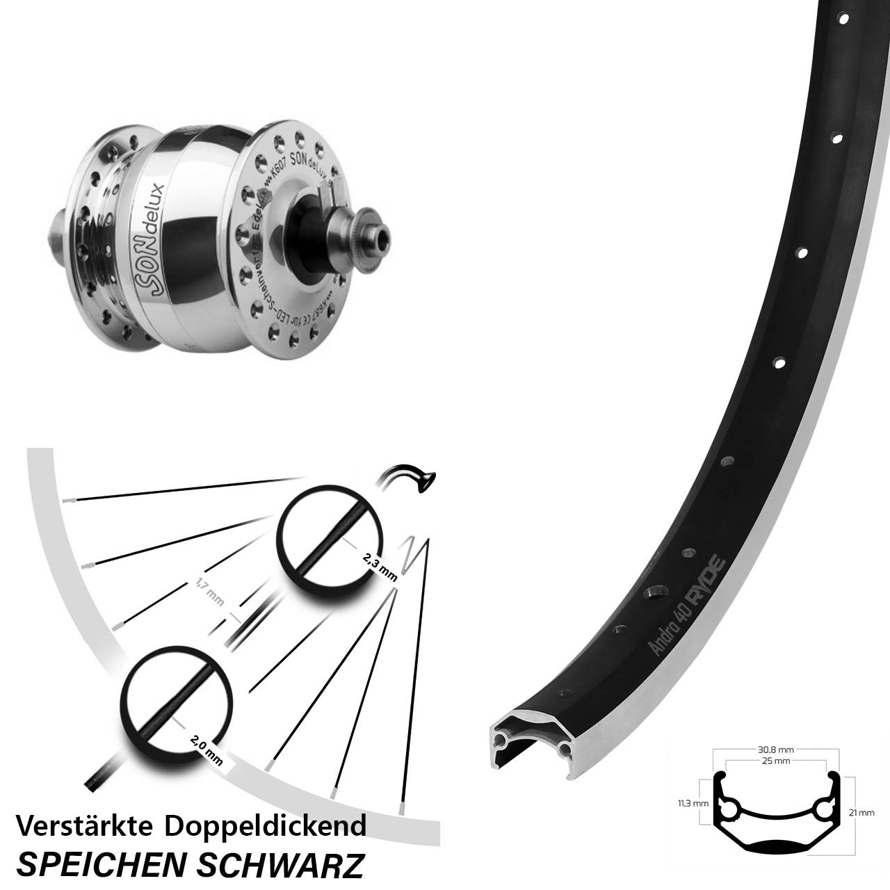 28 Zoll Ryde Andra 40 SONdelux poliert Nabendynamovorderrad für Schnellspanner