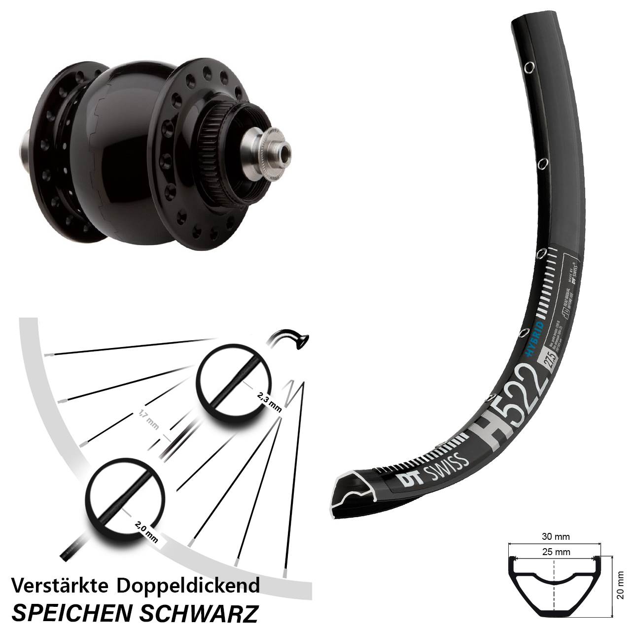 29 Zoll Vorderrad SON 28 DT Swiss H 522 Nabendynamo Schnellspanner